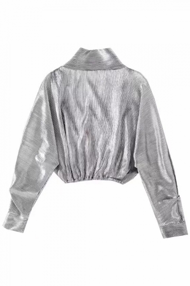 New Arrival Metal Color Wrap Front Long Sleeve Elastic Hem Cropped Tee