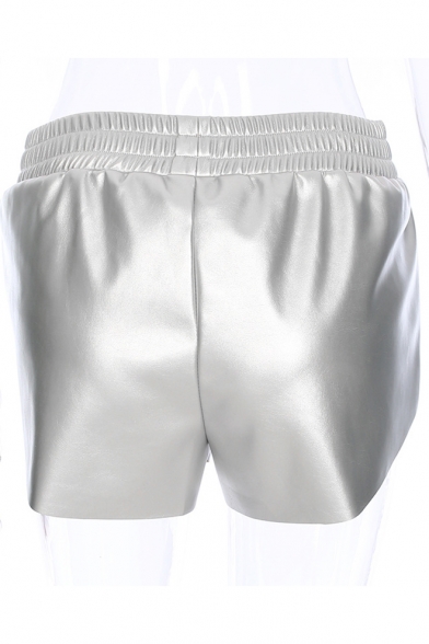 Plain PU Elastic Waist Loose Shorts