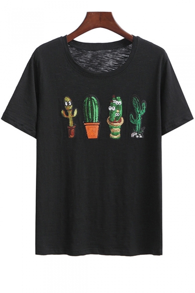 Sequined Cactus Printed Round Neck Short Sleeve Tee
