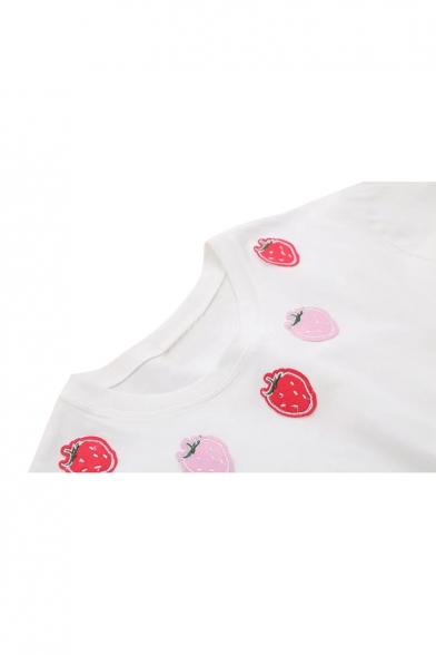 Strawberry Embroidered Round Neck Short Sleeve Tee