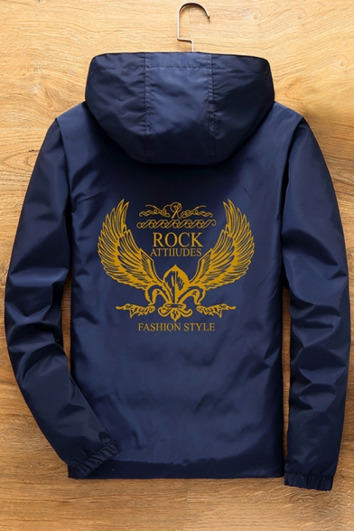 Wing Letter Printed Back Long Sleeve Zip Up Hooded Coat