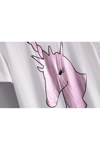 Cartoon Unicorn Printed Round Neck Short Sleeve Loose Tee