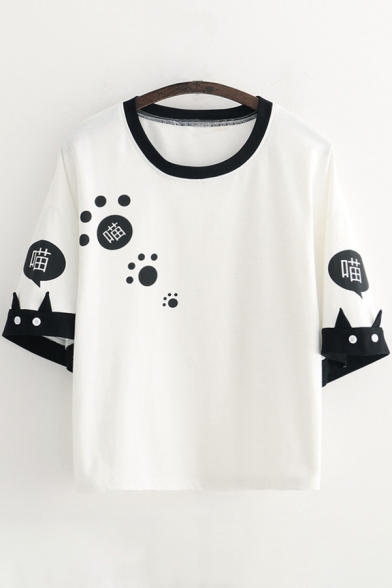 Color Block Chinese Cat Printed Round Neck Short Sleeve Tee
