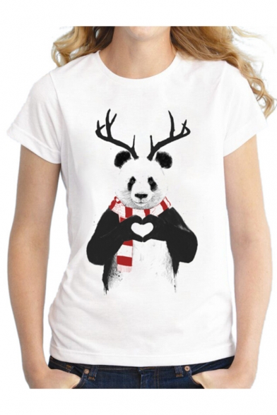 Cute Antler Panda with Scarf Print Round Neck Short Sleeves Casual Tee