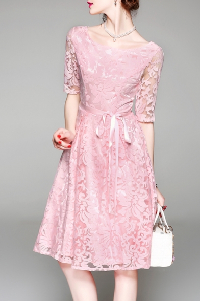 Elegant Lady's Floral Embroidered Round Neck Half Sleeve Midi A-Line Dress