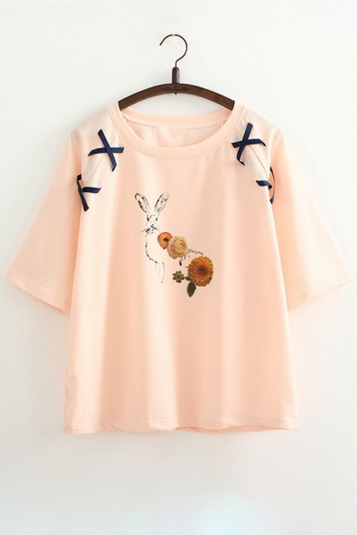 Fancy Lace-up Detail Rabbit Floral Pattern Round Neck Half Sleeves Leisure Tee