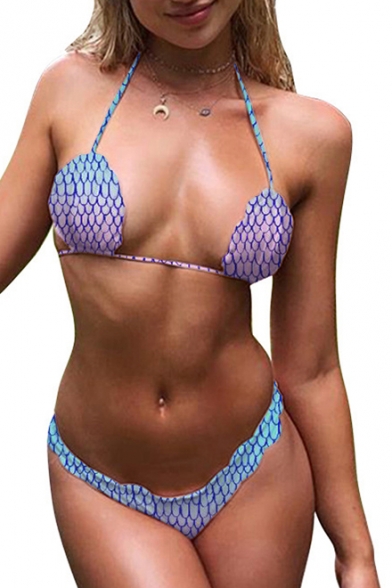 Fish Scale Print Halter Neck Tie Back Stylish Summer Bikini