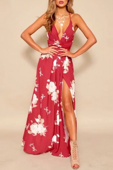 Floral Printed Spaghetti Straps Sleeveless Split Front Maxi Cami Dress