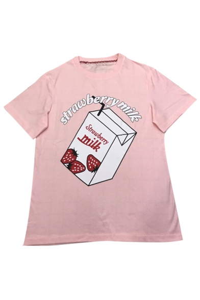 Girlish Milk Strawberry Letter Print Round Neck Short Sleeves Casual Tee