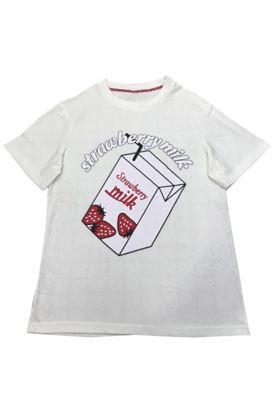 Girlish Milk Strawberry Letter Print Round Neck Short Sleeves Casual Tee