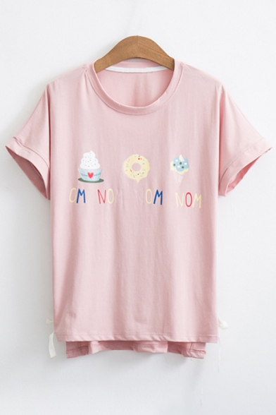Hot Fashion Dipped Hem Ice Cream Doughnut Letter Print Lace-up Side Tee