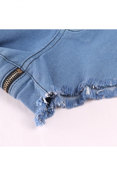 Zipper Back Plain Hot Pants Fringe Hem Denim Shorts