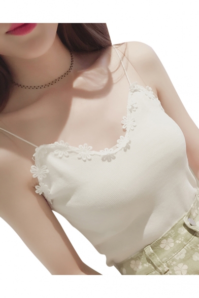 Knitted Floral Lace Trim Spaghetti Straps Casual Women's Cami Top