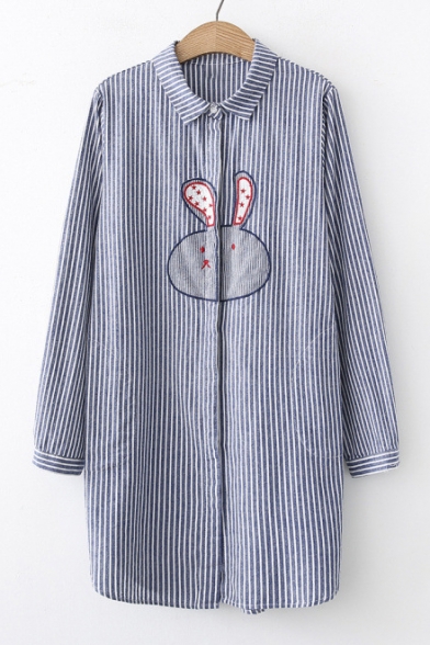 Rabbit Embroidered Lapel Collar Long Sleeve Striped Tunic Shirt