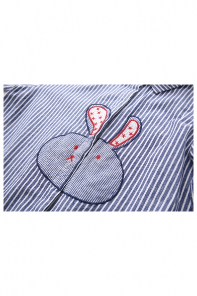 Rabbit Embroidered Lapel Collar Long Sleeve Striped Tunic Shirt