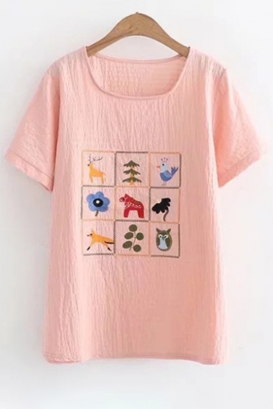 Retro Deer Bird Owl Floral Embroidery Round Neck Short Sleeves Summer T-shirt
