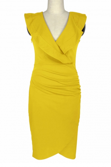 Asymmetric Hem Plain Bodycon Deep Dresses Neck V vienna