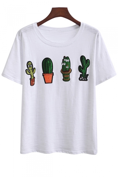 Sequined Cactus Printed Round Neck Short Sleeve Tee