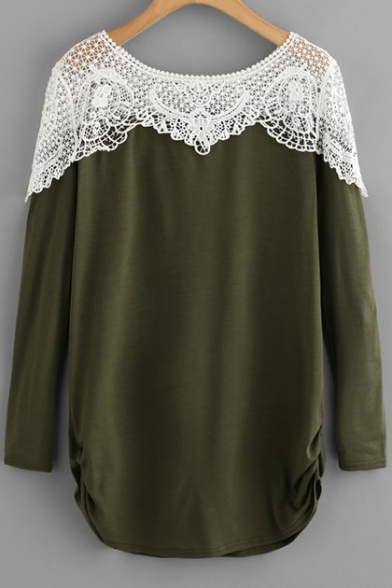 Spring Collection Lace Insert Round Neck Long Sleeve Leisure Tee