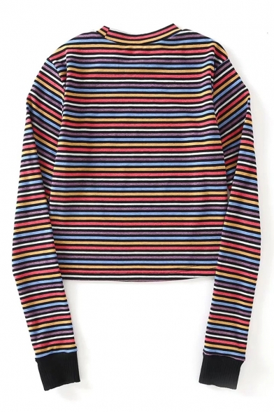 Spring Fashion Striped Pattern Round Neck Long Sleeve Cropped Tee