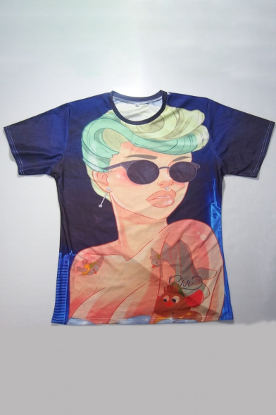 Stylish Cartoon Girl with Sunglasses Print Round Neck Short Sleeves Summer Tee