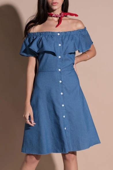 Summer Fashion Off the Shoulder Button Front Ruffle Detail Mini A-line Dress