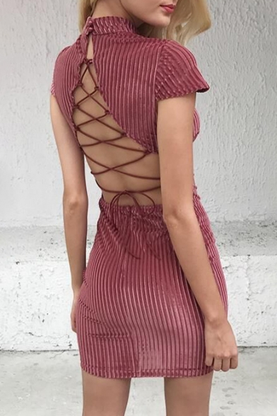 Top Design Ribbed Fabric Lace-up Back Cap Sleeve Plain Mini Bodycon Dress