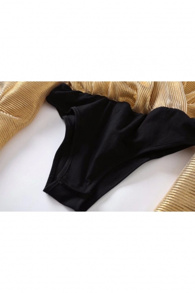Unique Color Block Patchwork Wrap Front Batwing Long Sleeve Bodysuit