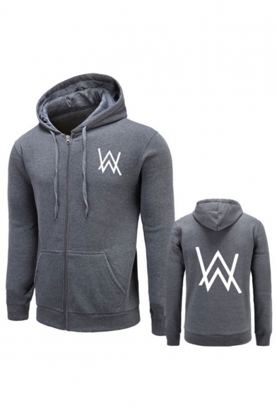 Cool W Letter Print Long Sleeves Zippered Hoodie with Pockets