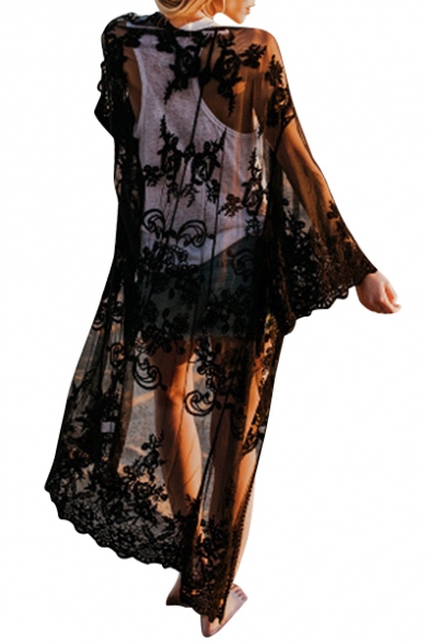 Floral Embroidered Sheer Mesh Long Sleeve Tunic Cover Up