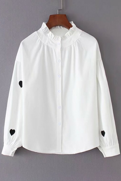 Heart Embroidered High Neck Long Sleeve Buttons Down Shirt