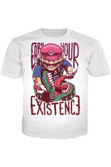 Hot Game Cartoon Letter EARN YOUR EXISTENCE Print Short Sleeve Summer Leisure Tee