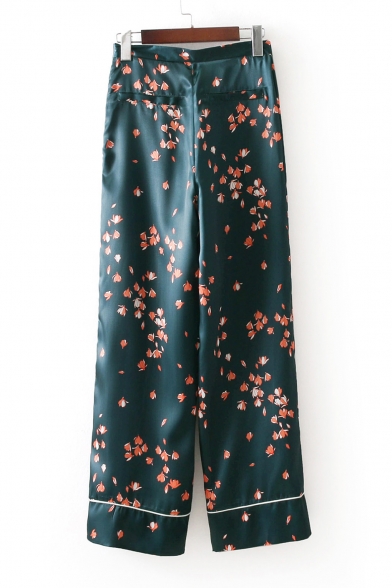 Leisure Comfort Floral Printed Zipper Side Wide Leg Loose Pants