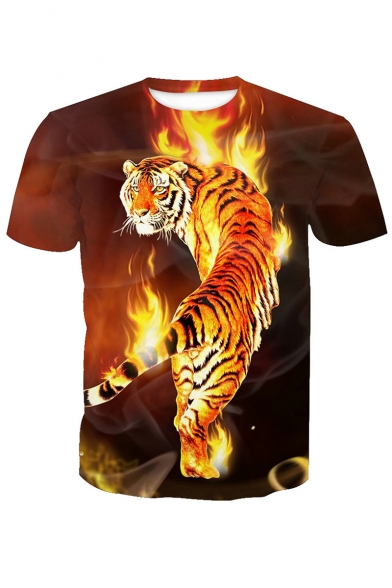 

Men's Fashion Tiger in Flame Fire Pattern Round Neck Short Sleeves Summer T-shirt