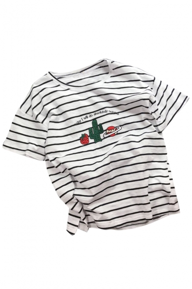 Strawberry Cactus Letter Embroidered Round Neck Short Sleeve Striped Tee