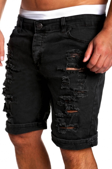 Street Fashion Ripped Off Detail Zipper Fly Plain Men's Skinny Shorts