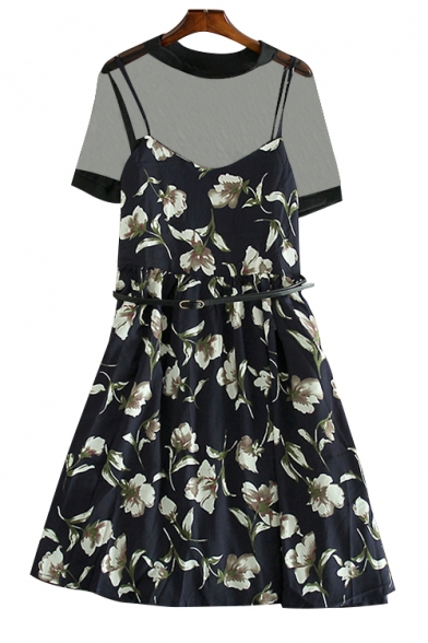 Two Pieces Floral Printed Round Neck Short Sleeve Mini A-Line Dress