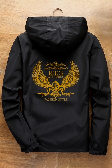 Wing Letter Printed Back Long Sleeve Zip Up Hooded Coat