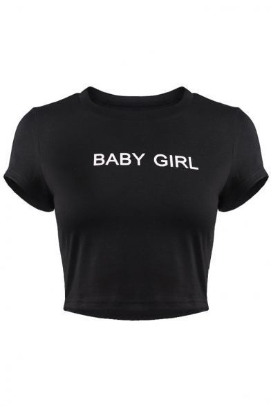 BABY GIRL Letter Printed Round Neck Short Sleeve Crop Tee