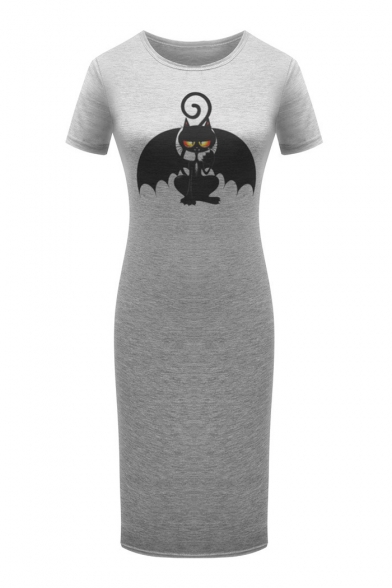 Bat Cat Printed Round Neck Short Sleeve Comfort Midi T-Shirt Dress