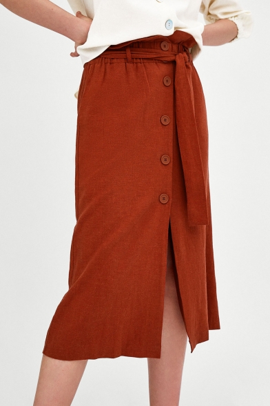 Chic Plain Buttons Down Elastic Waist Split Front Midi A-Line Skirt