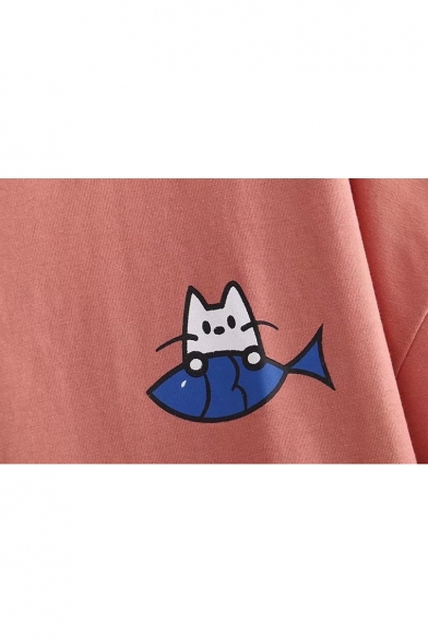 Childish Cat Fish Embroidered Striped Paw Pattern Round Neck Summer T-shirt
