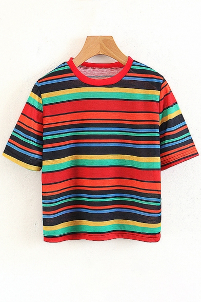 Colorful Striped Printed Round Neck Short Sleeve Cropped Tee