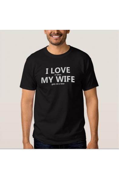 Comic I LOVE MY WIFE Letter Printed Round Neck Short Sleeve Tee