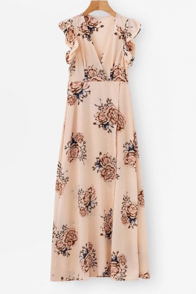 Elegant Floral Printed Ruffle Detail Sleeve Split Front Maxi A-Line Dress