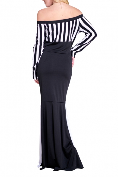 Elegant Off the Shoulder Striped Pattern Color Block Maxi Pencil Dress