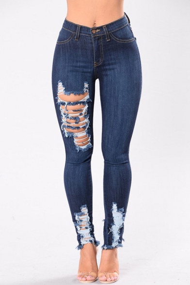 Fashion Cut Out Zipper Fly Skinny Ripped Jeans