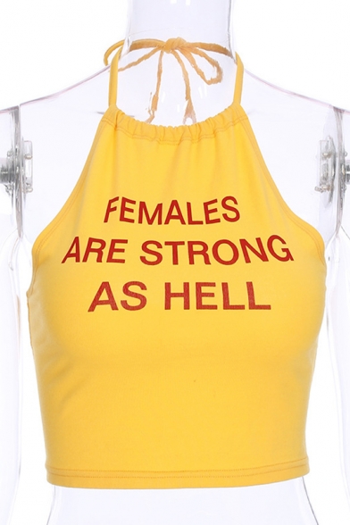 FEMALES ARE STRONG Letter Printed Halter Sleeveless Crop Cami