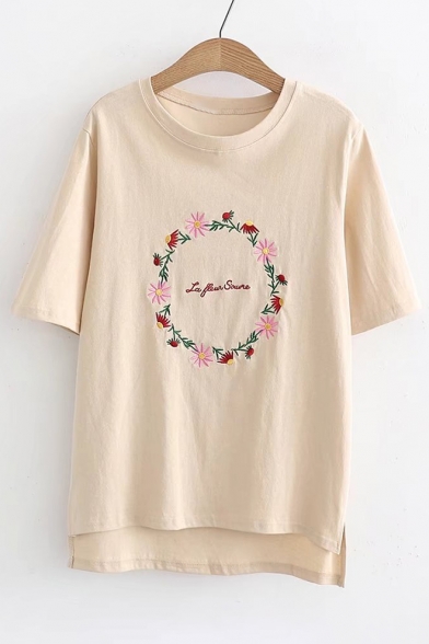 Floral Letter Embroidered Round Neck Short Sleeve Dip Hem Tee
