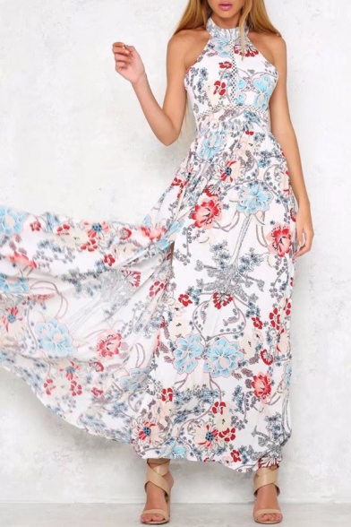 Halter Floral Printed Sleeveless Hollow Out Back Maxi A-Line Dress